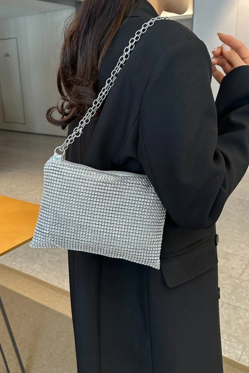 'Aya' Metal Chain Rhinestone Crossbody Bag - Celes Fashion